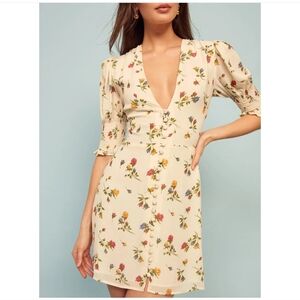 Reformation Alison Floral Cream Mini Dress with Button Detail